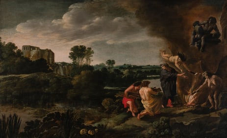 Moses van Uyttenbroeck (Dutch, c. 1596-1647) Italianate River Landscape with Witches Sacrifice and