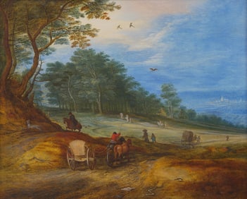 Jan Brueghel the Younger  (Flemish, 1601-1678) A Wooded Landscape with Horse-Drawn Wagons