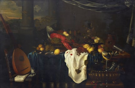 Attributed to Andries de Coninck (Dutch, A.C. 1643-1659) Tabletop Still Life with Lobster, Lemons,