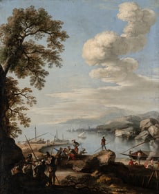 Follower of Salvator Rosa (Italian, 1615-1673) A Coastal Landscape with Soldiers Resting and