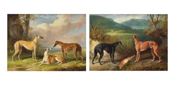 William Barraud (British, 1810-1850) Three Greyhounds; together with Two Greyhounds with a Hare (A