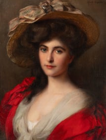 Albert Lynch (Peruvian, 1851-1912) Portrait of a Lady in a Red Dress, Bust Length