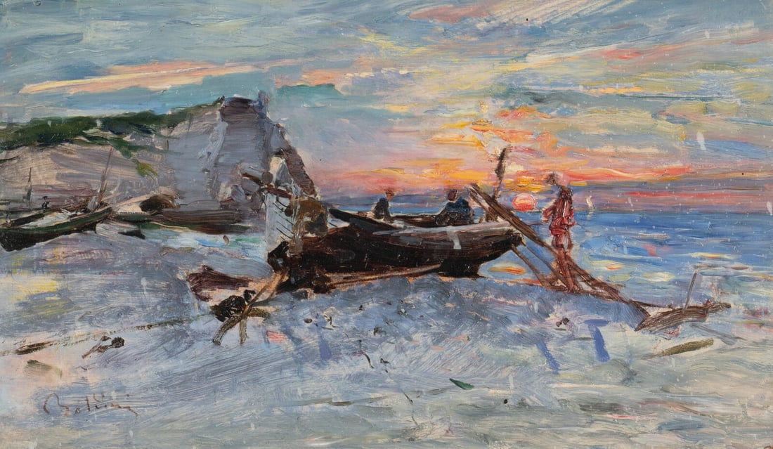 Giovanni Boldini (Italian, 1842-1931) Tramonto con Pescatori (Étretat): Giovanni Boldini (Italian, 1842-1931) Tramonto con Pescatori (Étretat) oil on panel signed Boldini (lower left) Please note this lot will be on view at Freeman's | Hindman Manhattan galleries, locate