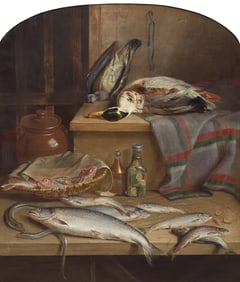 W. Mitchell (British, 19th Century) Still Life of Fish, Eels, Duck, Prawns, and Game Bird, 1857