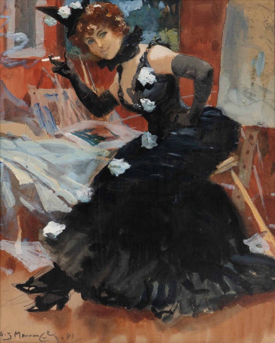 Sir Alfred Munnings (British, 1878-1959) Lady in Black, 1901: Sir Alfred Munnings (British, 1878-1959) Lady in Black, 1901 watercolor on paper signed A.J. Munnings and dated (lower left) 11 1/2 x 9 1/2 in. (29.3 x 24.2cm) This lot is located in Philadelphia. Pro