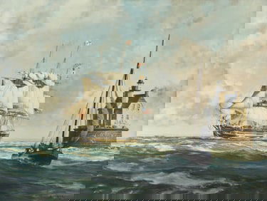 John Stobart (British, 1929-2023) Packet Ambassador Rounding Race Rock, 1972