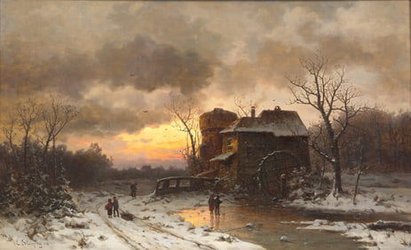Ernesto Strigelly (German, 19th Century) Winter landscape with Children Skating on a Pond, 1882