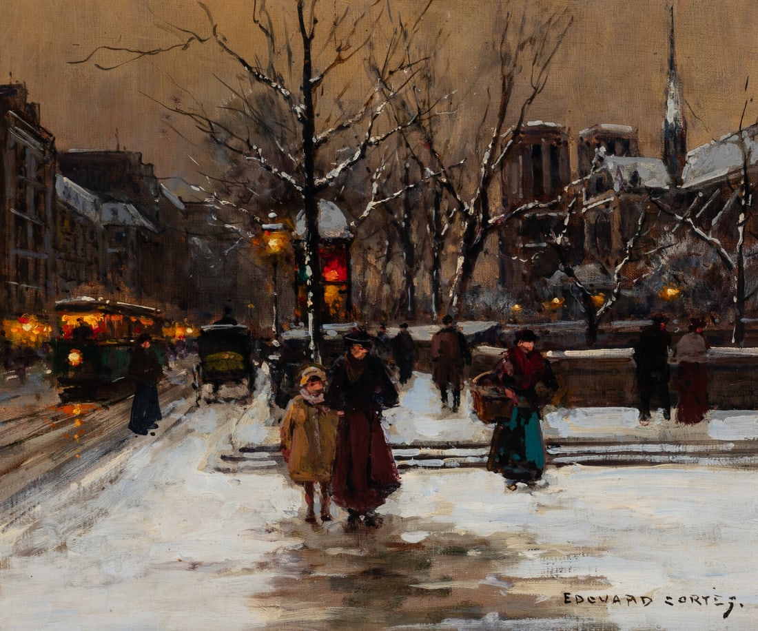 Édouard Léon Cortès (French, 1882-1969) Paris, Notre-Dame sous la Neige au Couchant: Édouard Léon Cortès (French, 1882-1969) Paris, Notre-Dame sous la Neige au Couchant oil on canvas signed Edouard Cortès. (lower right); titled and numbered 5394 (lower margin); sta