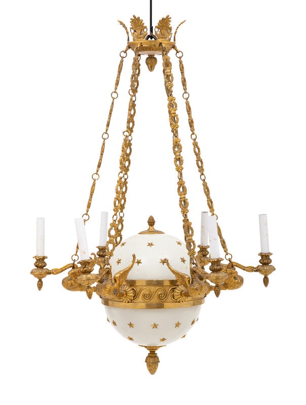 An Empire Style Gilt Bronze and Tole Six-Light Chandelier  (1 of 2)