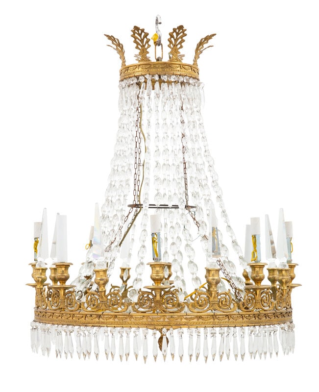 An Empire Style Gilt Bronze and Cut Glass Eight-Light Chandelier : An Empire Style Gilt Bronze and Cut Glass Eight-Light Chandelier Early 20th Century Height 29 x diameter 26 inches. This lot is located in Palm Beach. Con