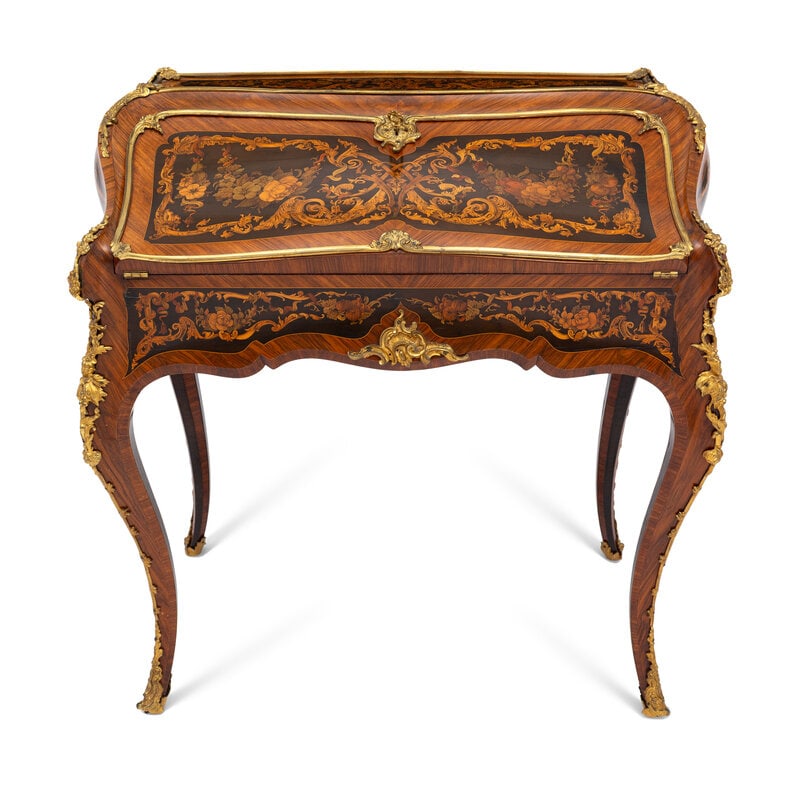 A Napoleon III Gilt Bronze Mounted Marquetry Bureau en Pente: A Napoleon III Gilt Bronze Mounted Marquetry Bureau en Pente Third Quarter 19th Century Height 34 1/2 x width 34 1/2 x depth 18 1/2 inches. Property from the European Family Co