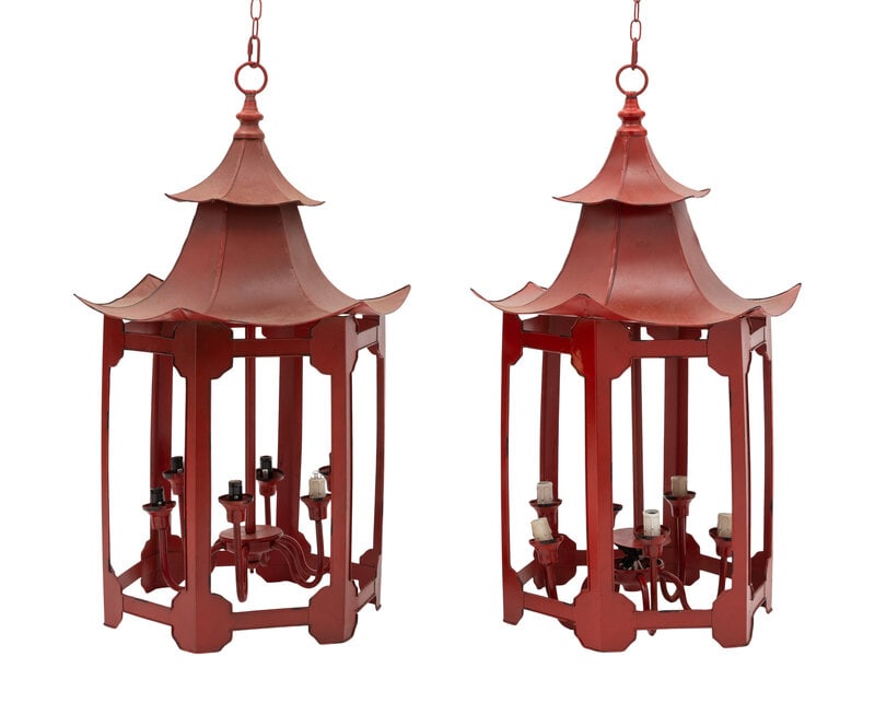 A Pair of Italian Painted Tole Six-Light Pagoda-Form Lanterns  (1 of 2)
