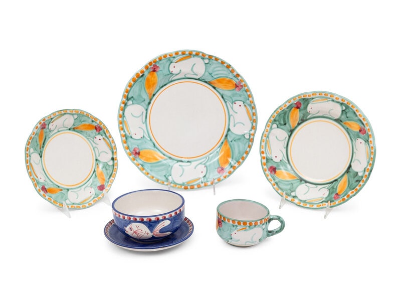A Ceramiche Solimene Campagna Dinner Service: A Ceramiche Solimene Campagna Dinner Service Vietri, Italy, Late 20th Century Each marked underfoot, comprising: 15 dinner plates 15 teacups with 15 saucers 15 salad plates 15 ce
