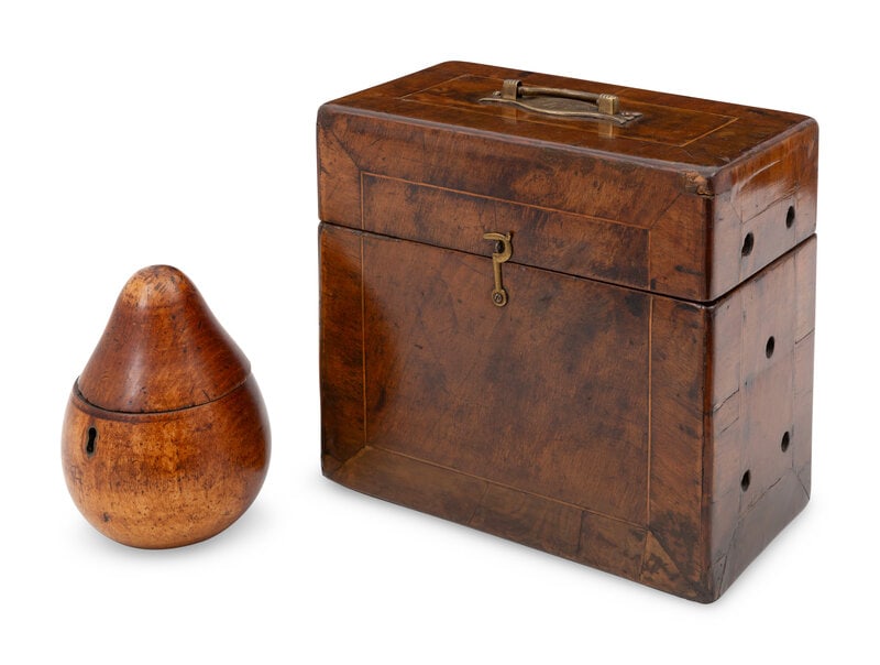 An English Walnut Finch Cage with Fitted Case and a George III Fruitwood Pear-Form Tea Caddy (1 of 2)