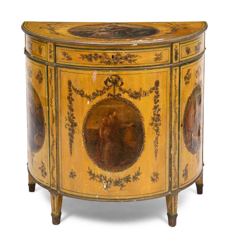 A George III Paint Decorated Demilune Cabinet : A George III Paint Decorated Demilune Cabinet In the Style of George Brookshaw, Late 18th Century Height 33 1/4 x width 34 1/4 x depth 17 inches. This lot is located in Pa