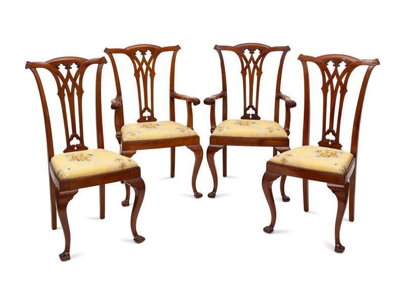 A Set of Ten George III Style Mahogany Dining Chairs : A Set of Ten George III Style Mahogany Dining Chairs 20th Century comprising eight side chairs and two arm chairs. Height of arm chair 42 x width 25 1/2 x depth 20 1/2 inches; height of side chair