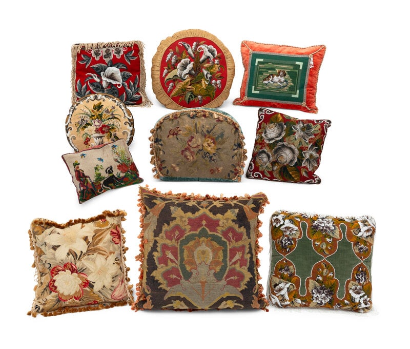 Ten Victorian Style Needlepoint and Beadwork Throw Pillows  (1 of 1)