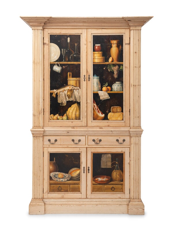 An English Pine Trompe L'Oeil Hand-Painted Cabinet: An English Pine Trompe L'Oeil Hand-Painted Cabinet 19th/20th Century The four paneled doors hand-painted with trompe l' oeil pantry items including fruits, meats, shaker boxes, and serveware.