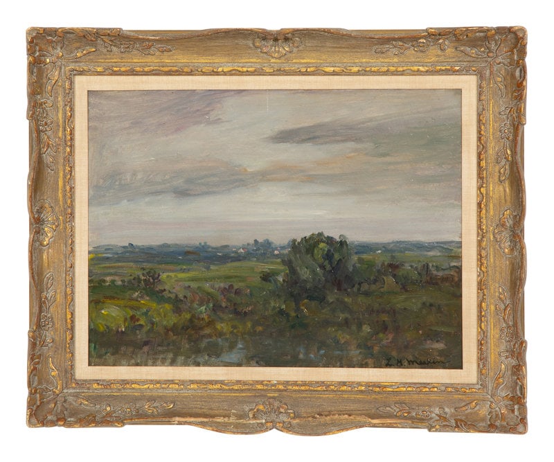 Lewis Meakin (American, 1850 - 1917) A Quiet Day, Outskirts of Cincinnati: Lewis Meakin (American, 1850 - 1917) A Quiet Day, Outskirts of Cincinnati oil on board signed L.H. Meakin (lower right) 18 x 24 inches. This lot is located in Palm Beac