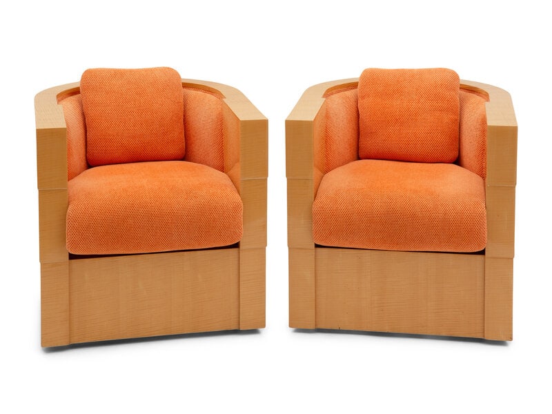 A Pair of Enrique Garcel Satinwood Club Chairs : A Pair of Enrique Garcel Satinwood Club Chairs 20th Century Height 26 1/4 x width 26 3/4 x depth 27 inches. This lot is located in Palm Beach. Condition</