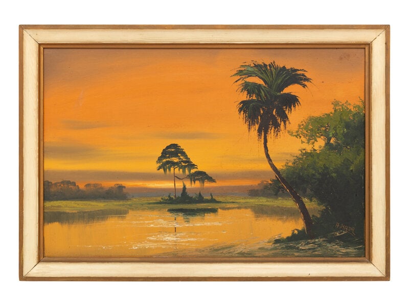 Alfred Hair (American, 1941 - 1970) Sunset over the Lagoon: Alfred Hair (American, 1941 - 1970) Sunset over the Lagoon oil on board signed A. HAIR (lower right) 24 x 36 inches. This lot is located in Palm Beach. Size</