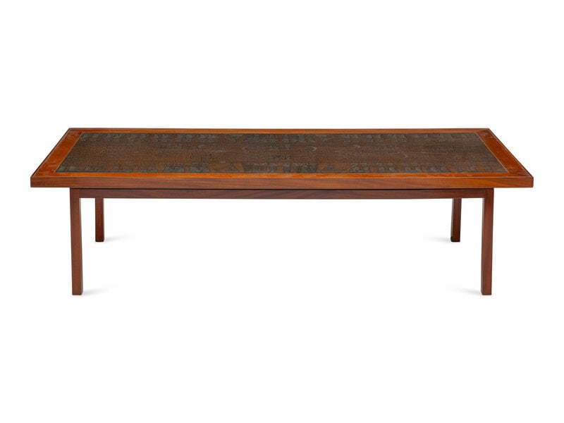 A Scandinavian Modern Teak Low Table with Egyptian Motif Stamped Copper Top  (1 of 3)