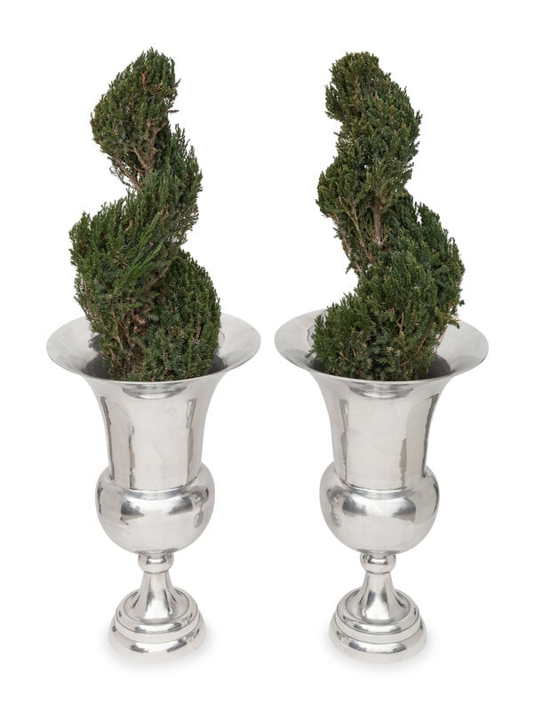 A Pair of Cast Aluminum Urns: A Pair of Cast Aluminum Urns Late 20th Century Including a pair of preserved topiaries. Urns, height 24 x diameter 16 inches. This lot is located in Palm Beach.