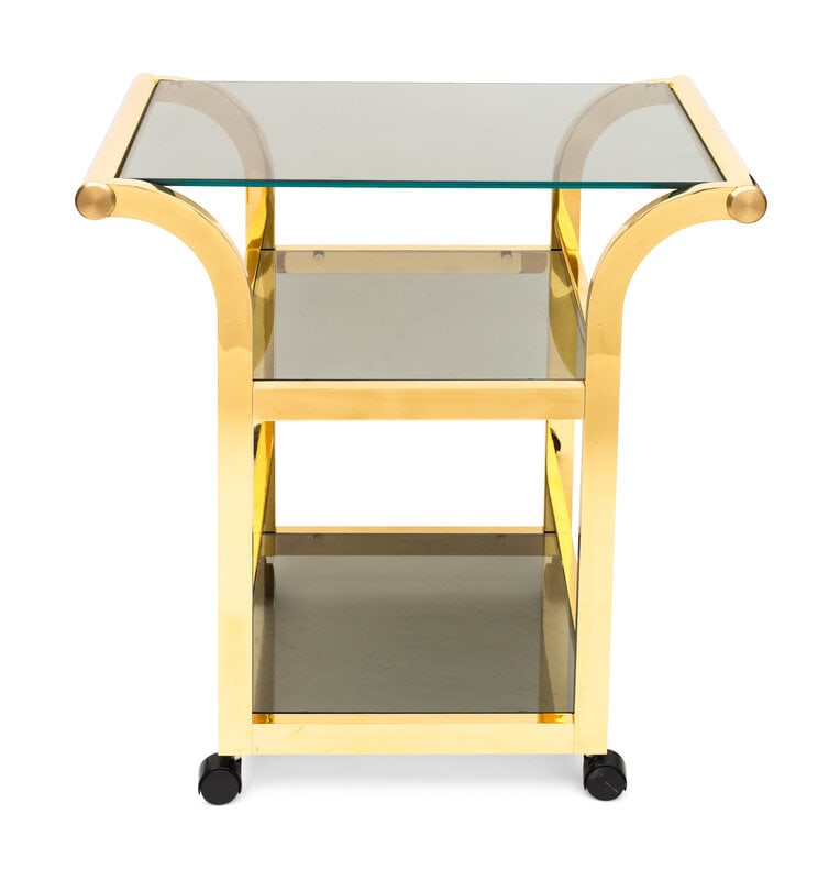 A Polished Brass and Smoked Glass Bar Cart : A Polished Brass and Smoked Glass Bar Cart Late 20th Century Height 29 3/4 x width 30 3/8 x depth 18 1/2 inches. This lot is located in Palm Beach.