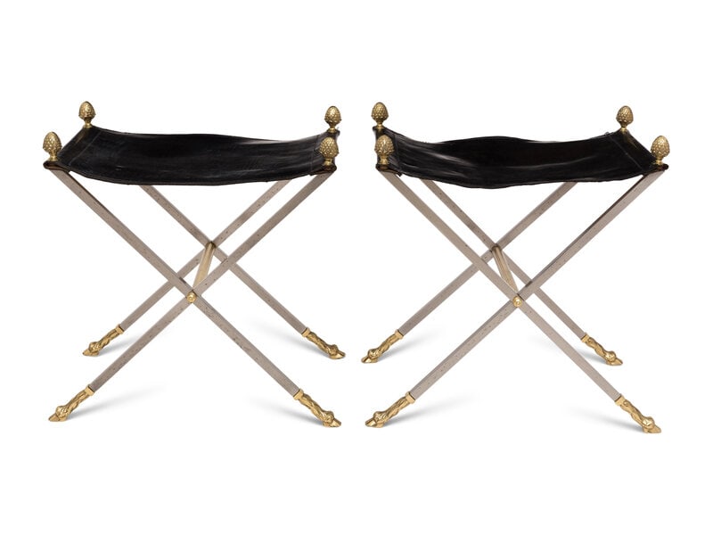 A Pair of Steel and Leather Campaign Stools (1 of 2)