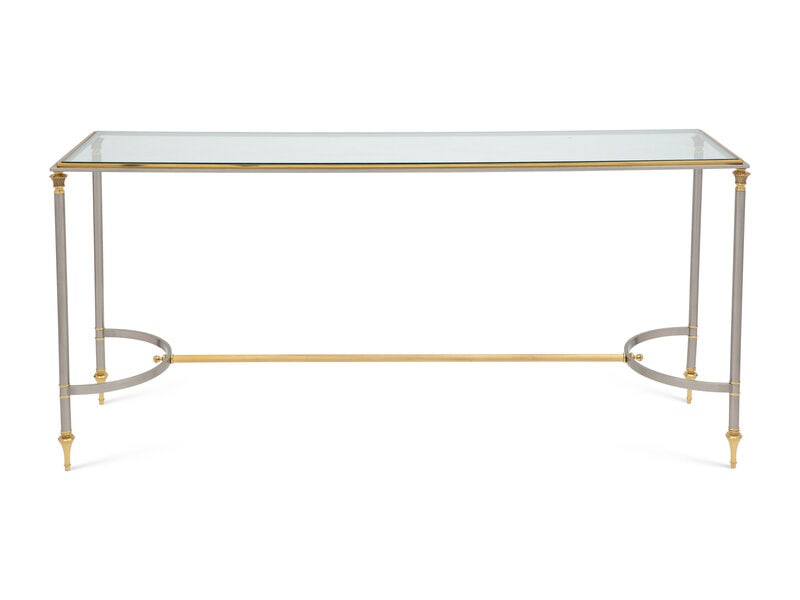 A Brass, Steel, and Glass-Top Console Table: A Brass, Steel, and Glass-Top Console Table In the Style of Maison Jansen, Late 20th Century Height 27 1/2 x width 60 x depth 16 1/4 inches. This lot is located in Palm Bea