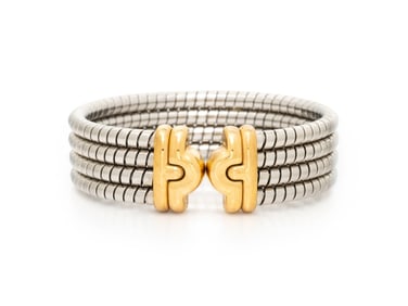 BULGARI, 'PARENTESI', STAINLESS STEEL AND YELLOW GOLD CUFF BRACELET