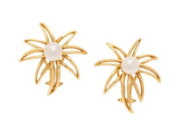 TIFFANY & CO., YELLOW GOLD AND CULTURED PEARL 'FIREWORKS' EARRINGS