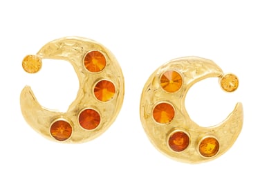 YELLOW GOLD, FIRE OPAL, AND GARNET CRESCENT MOON EARRINGS