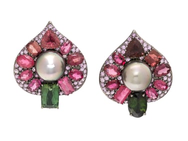 BLACKENED GOLD, CULTURED GRAY PEARL, AND MULTIGEM EARRINGS