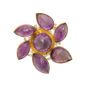 ALOPA, AMETHYST, MOTHER-OF-PEARL, DIAMOND, AND YELLOW GOLD BROOCH