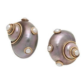 MAZ, SHELL, MABÉ PEARL, AND YELLOW GOLD EARRINGS
