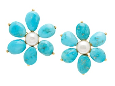 MAZ, TURQUOISE, MABÉ PEARL, AND YELLOW GOLD FLOWER EARRINGS