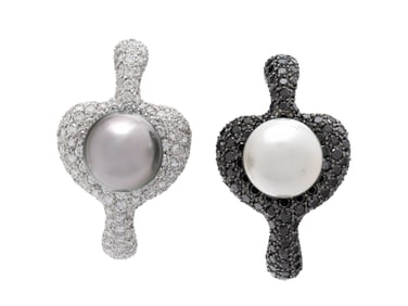 CULTURED PEARL, DIAMOND, AND BLACK DIAMOND EARRINGS