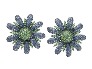 TSAVORITE GARNET, SAPPHIRE, AND BLACKENED GOLD FLOWER EARRINGS