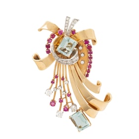 RETRO, AQUAMARINE, DIAMOND, RUBY, AND YELLOW GOLD BROOCH