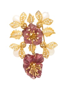 PINK TOURMALINE, CULTURED PEARL, DIAMOND, AND YELLOW GOLD FLOWER PENDANT