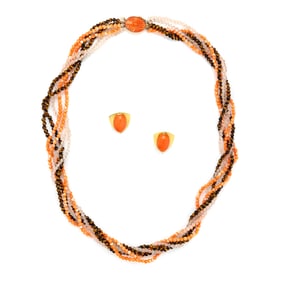 YELLOW GOLD, CORAL AND MULTIGEM NECKLACE AND EARRINGS