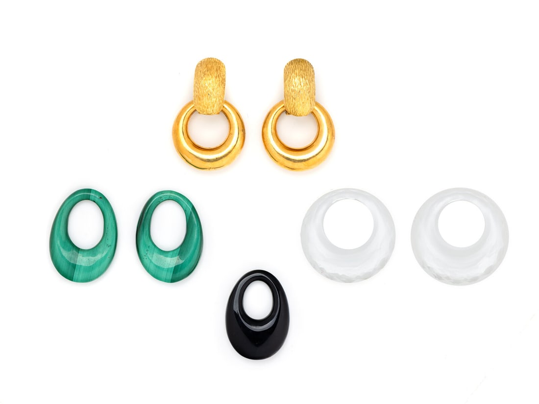 YELLOW GOLD EARRINGS WITH INTERCHANGABLE DROPS: YELLOW GOLD EARRINGS WITH INTERCHANGABLE DROPS Including a pair of textured gold earrings with a pair of malachite drops, a pair of rock crystal quartz drops, a pair of gold drops, and a single onyx d