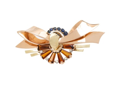 RETRO, SAPPHIRE, DIAMOND, CITRINE AND BICOLOR GOLD BOW BROOCH