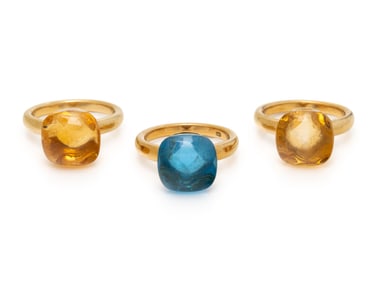 COLLECTION OF YELLOW GOLD AND MULTIGEM STACKING RINGS