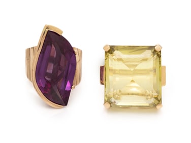 TWO YELLOW GOLD AND GEMSTONE RINGS