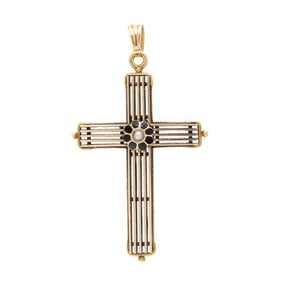 YELLOW GOLD, SEED PEARL, AND ENAMEL CROSS PENDANT