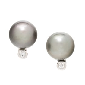 CULTURED GRAY PEARL, DIAMOND, AND WHITE GOLD EARRINGS
