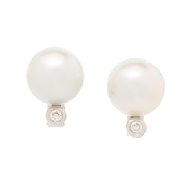 CULTURED PEARL, DIAMOND, AND WHITE GOLD EARRINGS
