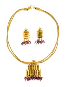 HIGH KARAT YELLOW GOLD AND COMPOSITE GEMSTONE NECKLACE AND EARRINGS